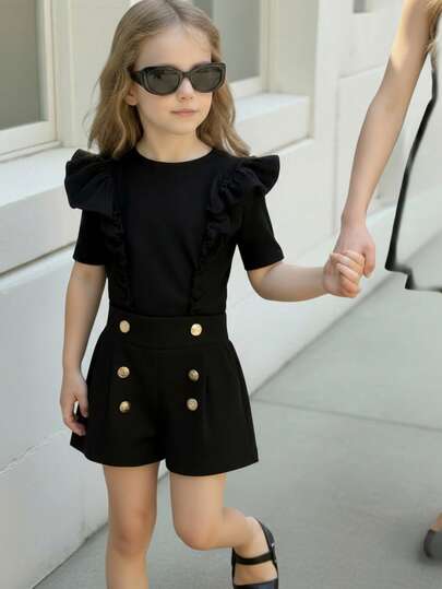 SHEIN Elladie kids Flickbyxor i urbant material, svarta, eleganta modeller, andningsbara och bekväma, lämpliga för höst, vår, sommar, mångsidiga, passar flickor i åldrarna 4-7, lämpliga för utflykter, skola, hemmet, resor