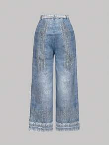 SHEIN MOD Women's Casual Fashion Street Denim Print Loose Wide Leg Pants With Embroidered Mesh Belt,Fall/Winter,New Year,Elegant ,New Year Look,Christmas,Preppy,Lace Belt,Denim Print Pants,Casual, Comfortable,Retro,Vintage,,Straight Pants,Chic Pants For Women - Blue - View 3