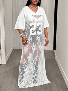 Slaydiva 2025春夏新款街头运动休闲针织衫，夜店连衣裙，女士夜店装扮，性感透视蕾丝拼接黑色数字印花长裙，大码 - 白色 - 查看 3