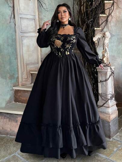 Lyrianda Plus Size Medieval Jacquard Vintage Palace Princess Elegant Ruffle Hem A-Line Floor Length Dress For Women, Autumn/Winter