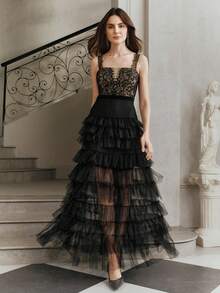 Anewsta Lace Patchwork Multi-Layer Mesh Ruffle Hem Spaghetti Strap Square Neck Dress - Black - View 4