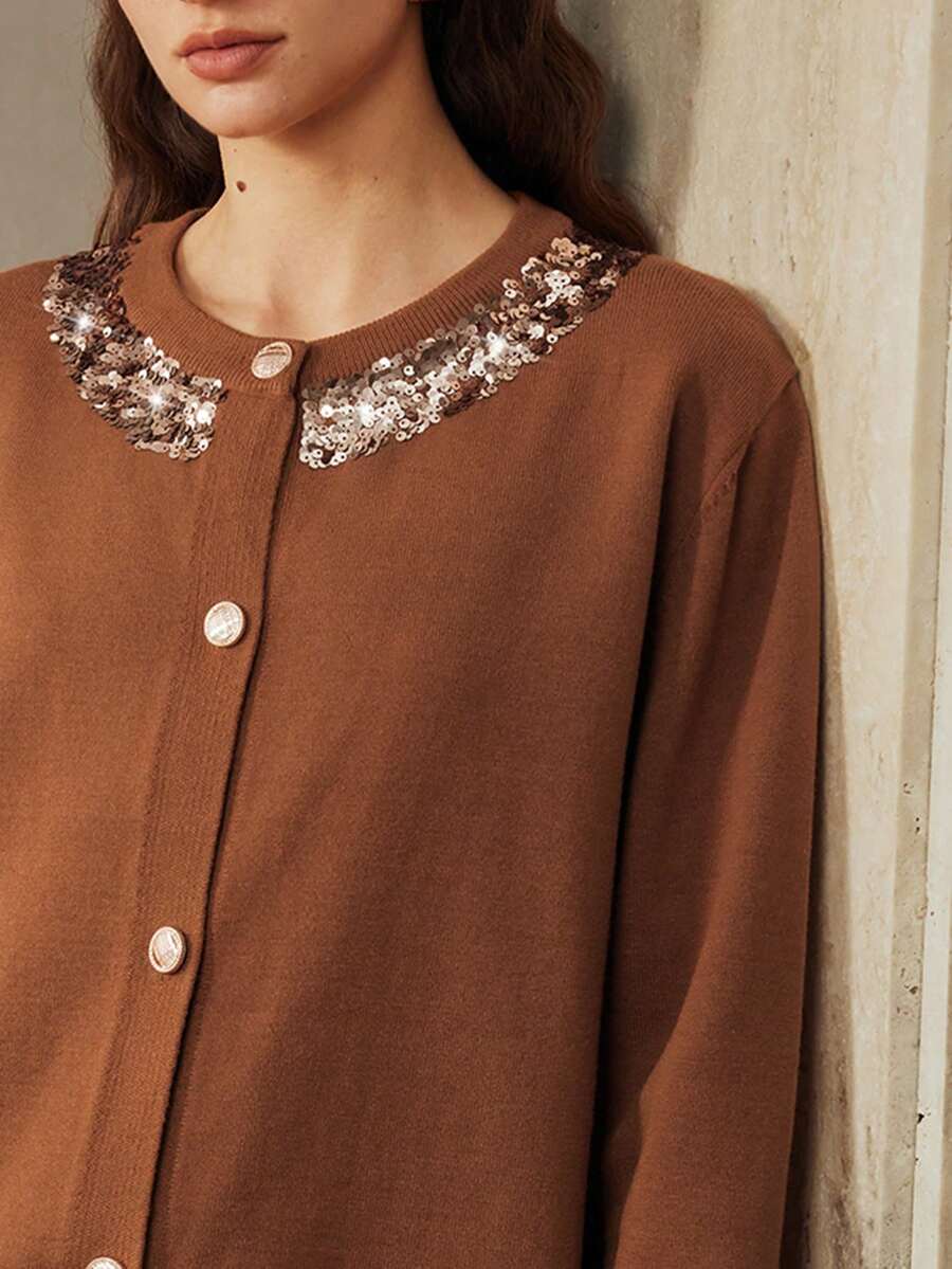 Aveloria Women's Loose Fit, Sequined Embroidery Detailing At The Neckline, Casual Long-Sleeved Cardigan     Winter Clothes For Women  Winter Sweaters For Women - Brown - View 1