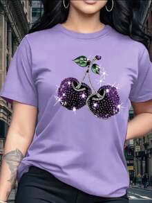 Camiseta gráfica de cereza para mujer solo estampado Camiseta casual de manga corta con cuello redondo, cerezas brillantes y hojas verdes, poliéster ligero para primavera y verano, camiseta de cereza - Lila Púrpura - Ver 1