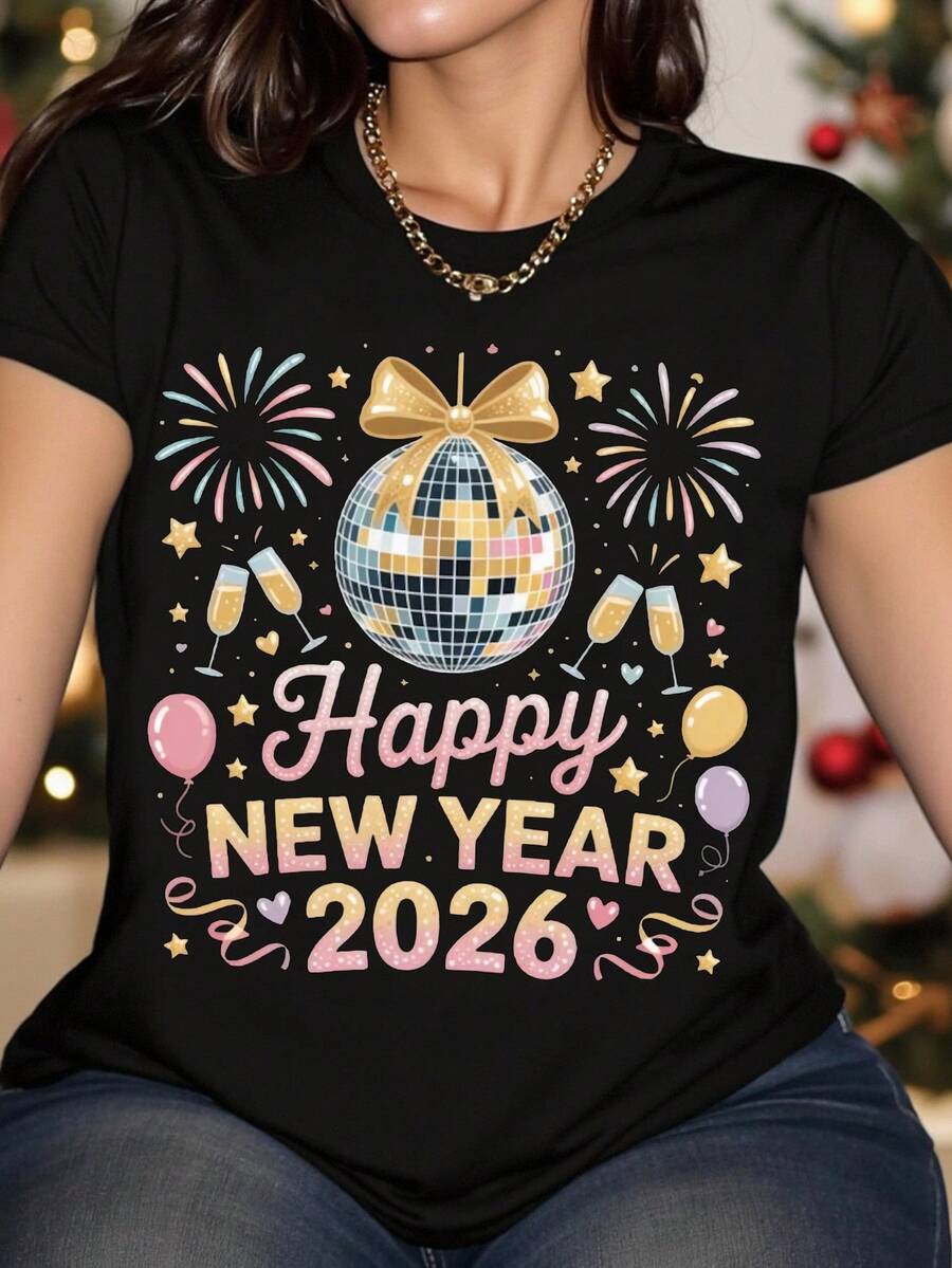 SHEIN 2026新年快乐迪斯科球烟花图案印花休闲彩色闪亮新颖短袖T恤,舒适新年氛围女款上衣 - 黑色 - 查看 1
