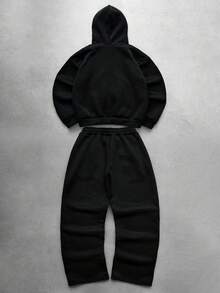 Manfinity Hypemode 男士街头风流行反光运动套装，拉链连帽卫衣套装，适合户外音乐节、日常出行、朋友聚会、送给男友/老公的礼物、周年纪念礼物，黑色连帽衫套装，男士机能风黑色两件套，男士套装，JJK 男士慢跑套装灯芯绒 - 黑色 - 查看 4