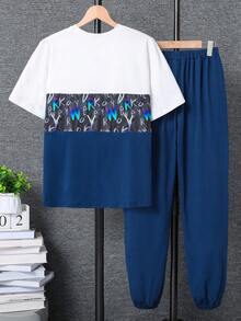 Vacaura 青少年男孩夏季休閒印花拼接T恤和長褲 - 藏蓝色 - 查看 2