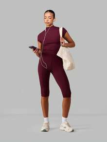 MISSGUIDED 高腰七分紧身裤，带褶裥缝线，女士弹力运动瑜伽裤，运动休闲七分裤 - 酒紅色 - 查看 3