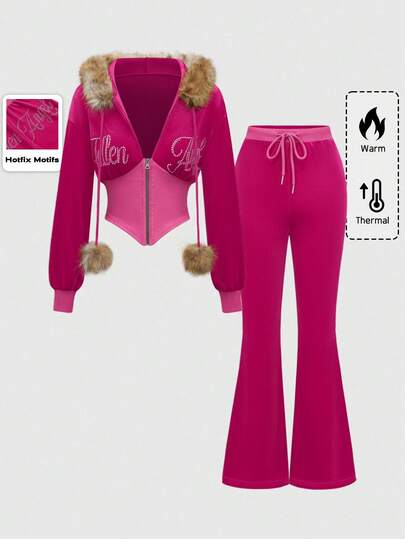 J-Fashion Ensemble 2 pièces pull à capuche en velours patchwork de strass Y2K avec col en fourrure pour femmes