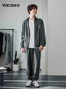 Vacaura 青少年男孩休闲运动学院风条纹字母贴布针织领夹克搭配运动裤套装，秋冬 - 灰色 - 查看 5