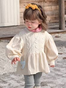 DAZY 女童休闲拼接针织毛衣，秋冬季 - 杏色 - 查看 6