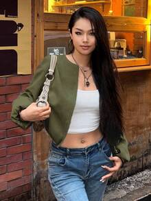 EMERY ROSE 女士纯色前拉链落肩长袖短外套 - 軍綠色 - 查看 3