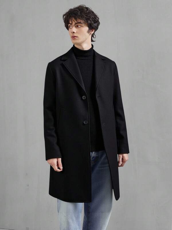 1pc Teens' High-Quality Turndown Collar Mid-Length Black Woolen Coat, Suitable For Casual, Daily, Commuting, Outdoor Wear, Autumn/Winter Fall