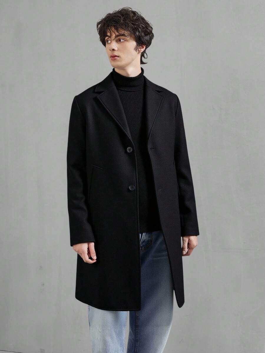 Vacaura 1pc Teens' High-Quality Turndown Collar Mid-Length Black Woolen Coat, Suitable For Casual, Daily, Commuting, Outdoor Wear, Autumn/Winter Fall