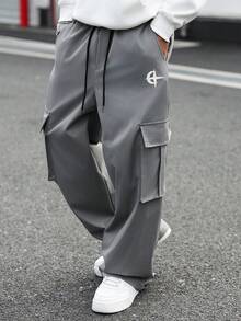 ROMWE MEN Pantalones casuales sueltos con bolsillo de unicolor para hombre - Gris Oscuro - Ver 1