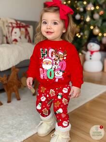 Baby Girl Christmas Casual Cute Cartoon Reindeer, Snowman, Santa Claus, Gingerbread Man, Christmas Tree, Bell, Candy Cane, Snowflake Pattern Soft Thick Round Neck Long Sleeve Sweatshirt And Leggings Set, Suitable For Christmas Outings And Gatherings In Autumn/Winter Red Two Piece Outfit Toddler Baby Girl Christmas Pajama Toddler Christmas Pajamas Babygirl Christmas Outfit Toddler Girl Long Sleeve Christmas Outfit - Multicolor - View 1