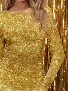 Glamance ORANGE STUDIO Women's Round Neck Long Sleeve Side Slit Hem Shiny Fitted Long Dress Golden Dress Women Curve Birthday Dress Gold Dress Birthday Gold Sequin Dress - Yellow - View 5