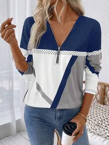 SHEIN LUNE 女士休闲秋冬长袖T恤，半拉链领口，几何印花图案，春季女式上衣 - 彩色 - 查看 4