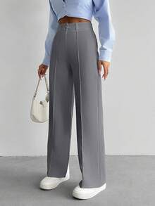 EURMUSE 女士纯色牙签条纹直筒休闲裤 - 灰色 - 查看 4