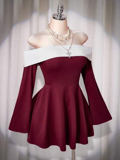 SHEIN ICON 大码女式秋冬露肩红白撞色喇叭袖连衣裙
