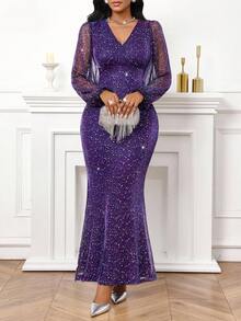 Fleurora 女士V领灯笼袖鱼尾修身连衣裙 - 紫色 - 查看 5