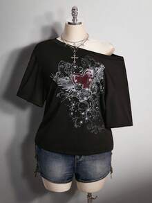 SHEIN ICON Plus Size Retro Y2K Punk Gothic Grunge Rock Heart Wings Rhinestone Asymmetrical Shoulder Loose Black T-Shirt,Sommar,Night Out Club - Black - View 3