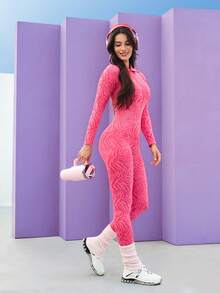 Core Rhythm Damen modischer Zebra-Muster Reißverschluss-Fitness-Jumpsuit, Frühling/Herbst