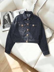 GlowEve Women's Solid Color Drop Shoulder Short Casual Denim Top With Metal Buttons Crop Jean Jacket Jean Tops - Black - View 1