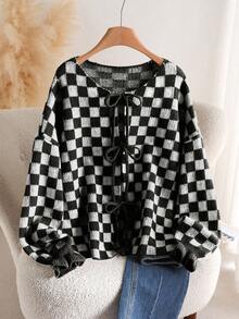 CosyJoli Plus Size Women Casual Checkerboard Lace-Up Cardigan, Autumn/Winter - Black and White - View 7