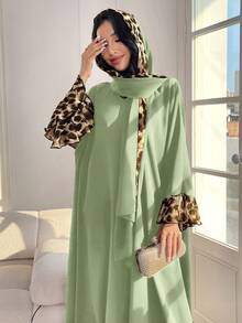 Al Najma Women's Leopard Print Patchwork Long Sleeve Casual Loose Arabic Style Dress With Hijab Scarf, Modest,Elegant, Maxi Length Arabian Dresses - Mint Green - View 1