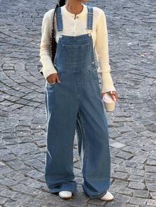 SHEIN EZwear Women's Fashion New Blue Striped Loose Women Denim Bib Pants For Going Out Outfits, Back To School, Streetwear,Y2K Clothes - Blue - View 1