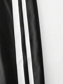 Vacaura 2件套青少年春秋季休闲粗细条纹印花圆领短袖T恤和抽绳运动裤运动服 - 黑色 - 查看 4