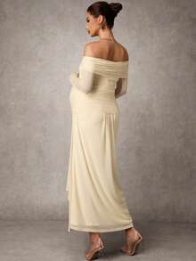 MaterniChic 孕妇纯色露肩长袖系腰时尚连衣裙 - 黃色 - 查看 2