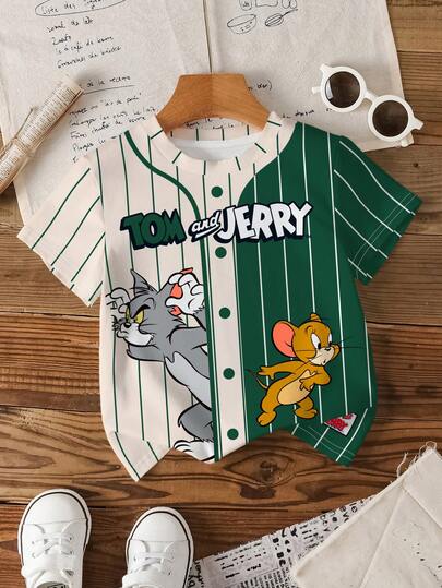 TOM & JERRY X SHEIN 男童休闲撞色条纹卡通图案短袖T恤，夏季