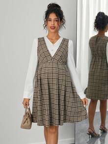 Momance Đầm dài tay thời trang 2 trong 1 cổ chữ V họa tiết kẻ caro cho bà bầu - Màu Khaki - Xem 3