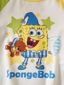 SpongeBob SquarePants | SHEIN Young Boy Cartoon Pattern Cute Colorblock Long Sleeve T-Shirt And Star Print Blue Comfortable Pants Pajama Set - Blue - View 5