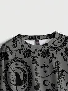 ROMWE Gothic Palace Cross Cat Rose Vine Floral Women Pullover Pullover Sweatshirt - Black - View 4