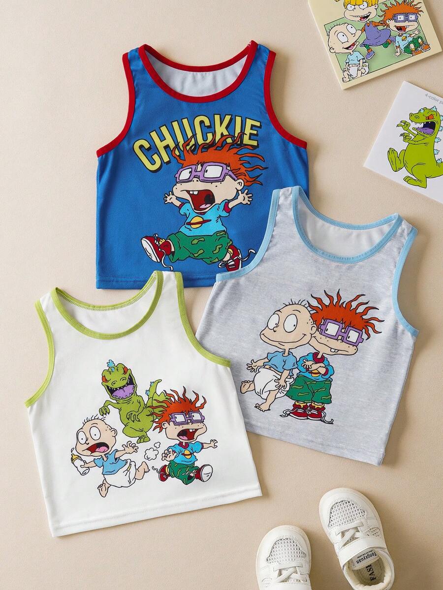 Nick 90s | SHEIN Young Boy Comfortable Cute Cartoon Figure Graphic Contrast Trim Tank Top, Summer - Blue and White - View 1