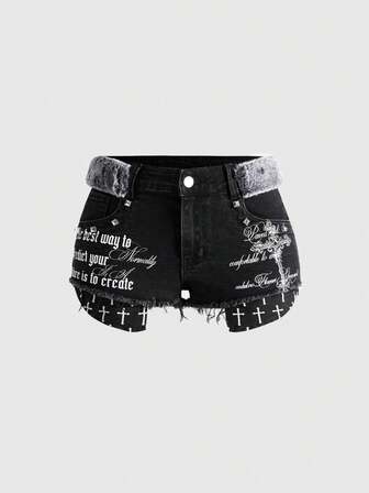 J-Fashion Shorts di jeans a vita bassa con decorazioni a croce e borchie, stile retrò chic, adatti per autunno/inverno, in stile Y2K e Kpop, per donne