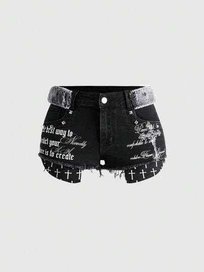 J-Fashion Y2K Kpop Distressed Low-Rise Mini Denim Shorts With Cross & Rivet Decor For Women, Retro Chic Style, Autumn/Winter