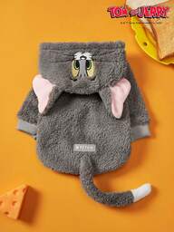 TOM & JERRY X PETSIN 1件汤姆猫刺绣3D耳朵装饰可爱双面毛绒材质保暖舒适连帽狗帽衫汤姆猫cos帽衫