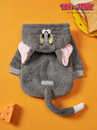 TOM & JERRY X PETSIN 1件汤姆猫刺绣3D耳朵装饰可爱双面毛绒材质保暖舒适连帽狗帽衫汤姆猫cos帽衫