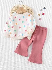 Cozy Pixies 2pcs/Set Young Girl Heart Pattern Knit Soft Crew Neck Long Sleeve Pullover Sweatshirt & Elastic Waist Flared Pants - Pink - View 2