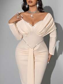 Viva Relle 大码女士优雅浪漫奢华钻石装饰无肩带收腰长袖连衣裙，秋冬款 - 杏色 - 查看 4