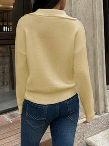 Flirla Women's Solid Color Turndown Collar Drop Shoulder Long Sleeve Casual Sweater, Autumn/Winter - Light Yellow - View 2
