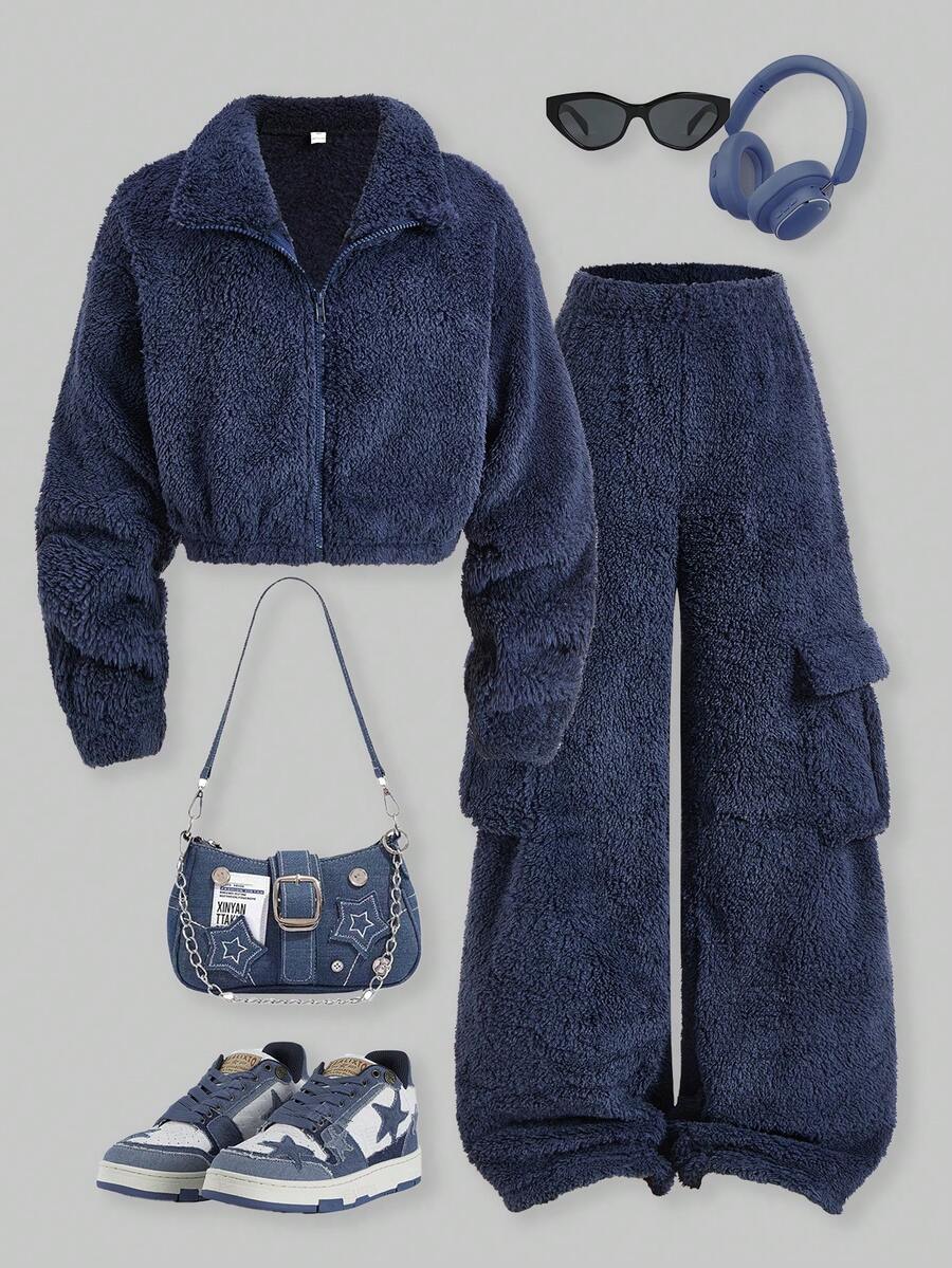 ChillGRL 2pcs/Set Tween Girls ME Loose Casual Soft Fleece Turtleneck Jacket & Cargo Pocket Pants Set, Suitable For Daily Commute, Leisure, Vacation, Hangout, Street Style, Autumn/Winter - Royal Blue - View 1