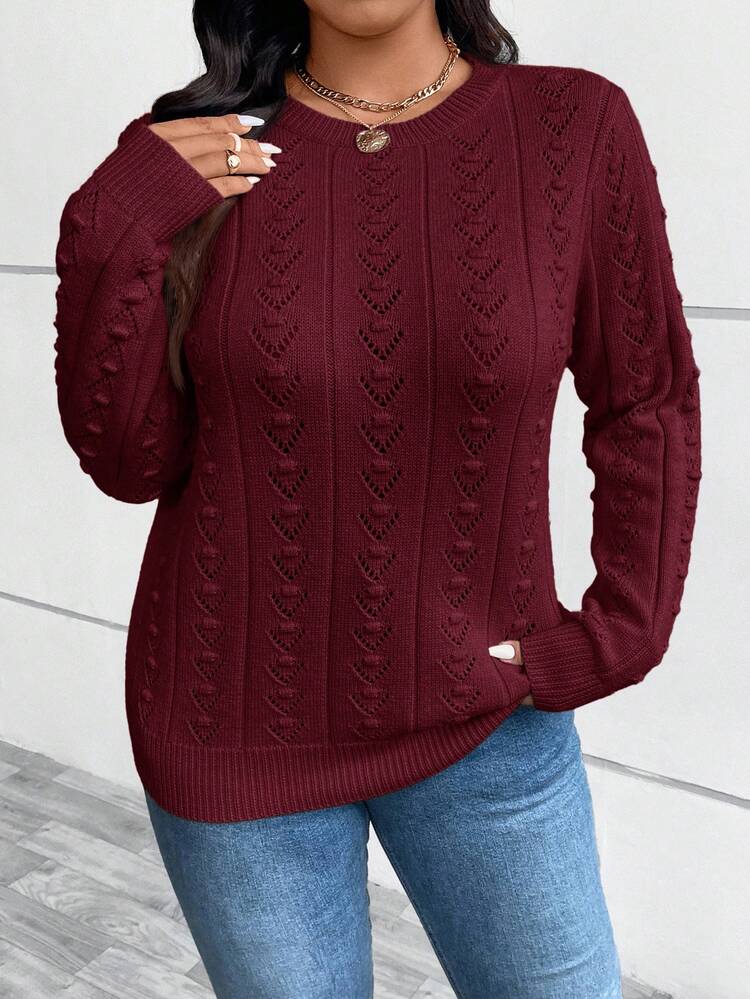 Plus Size Winter Casual Elegant Knitted Floral Pattern Fitted Round-Neck Sweater Pullover, Suitable As A Base Layer Or Outerwear For Work, Shopping, Vacation, Parties, Music Festivals, Home Wear, Back-To-School Events, And As A Gift.