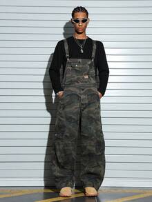 PAVTROS Men's Casual Streetwear Multi-Pocket Distressed Chest Guard Camo Bib Pants Camo Overalls Men - Army Green - View 4