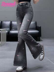 SHEIN ChillGRL Teen GirlFashion Personalized All-Season Versatile Black Applique 3D Embroidery, Distressed, Flared, High-Stretch Denim Jeans - Dark Grey - View 4