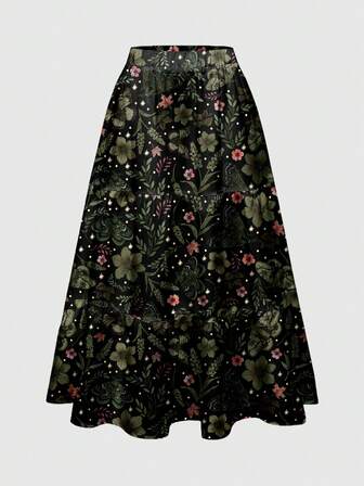 Fairycore Gonna verde botanica con stampa floreale, farfalle, luna e stelle su tutto il capo, a 3 strati per le donne