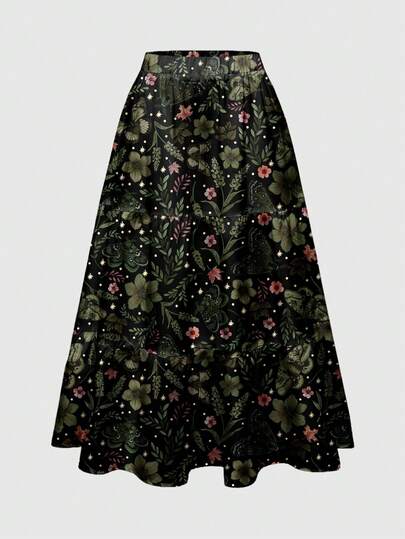 Fairycore Jupe verte pour femmes à imprimé floral, papillon, lune et étoile sur tout le vêtement, en 3 couches